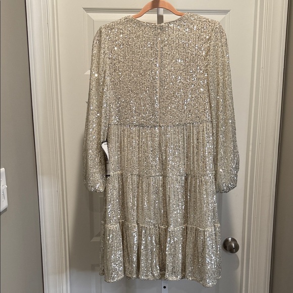 NWT Eliza J Silver Sequin Balloon Sleeve Skater Dress Size 8 New Years Party - Picture 9 of 15